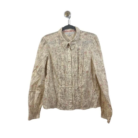 TOMMY HILFIGER Womens XL Cream Floral Pleated Button Up Blouse Long Sleeve Thin - Picture 1 of 13